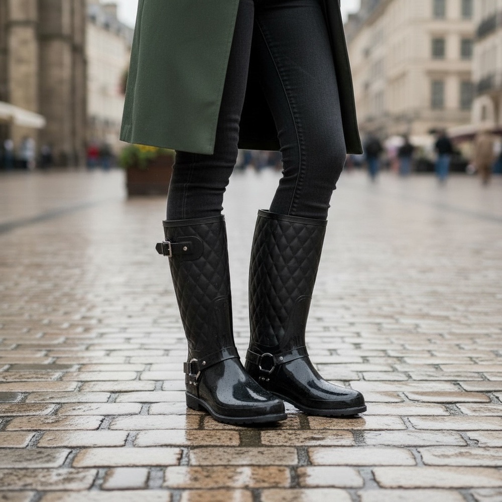 Stuart Weitzman Black Leather & Rubber Stirrup Rain Boots Size 39 (Size 8.5) - Picture 4 of 16